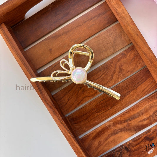 Elegant Pearl Knot Gold Hair Claw Clip - Large