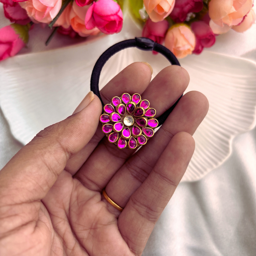 Pink Drop Circle Kundan Hair Band