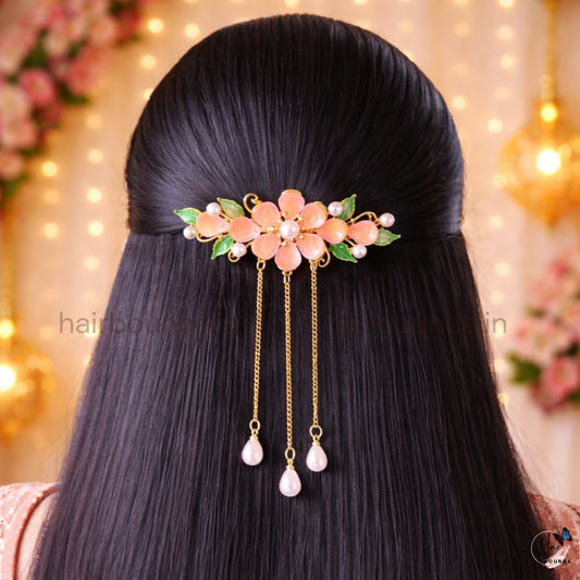 Royal Petal Pearl Drop Hair Barrette – Luxury Floral Chain Hanging Clip