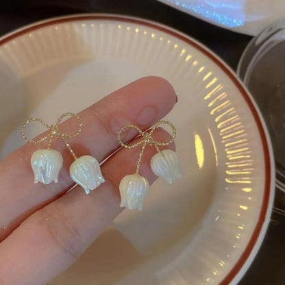 Elegant Tulip Drop Earrings for Women – Gold Bow Floral Dangle Earrings