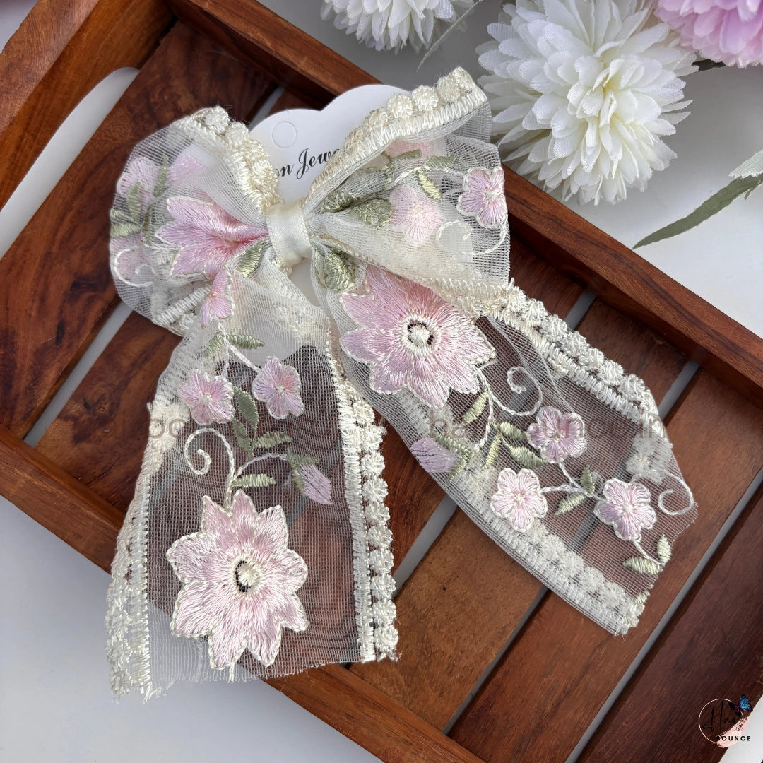 Floral Embroidered Lace Bow Hair Clip