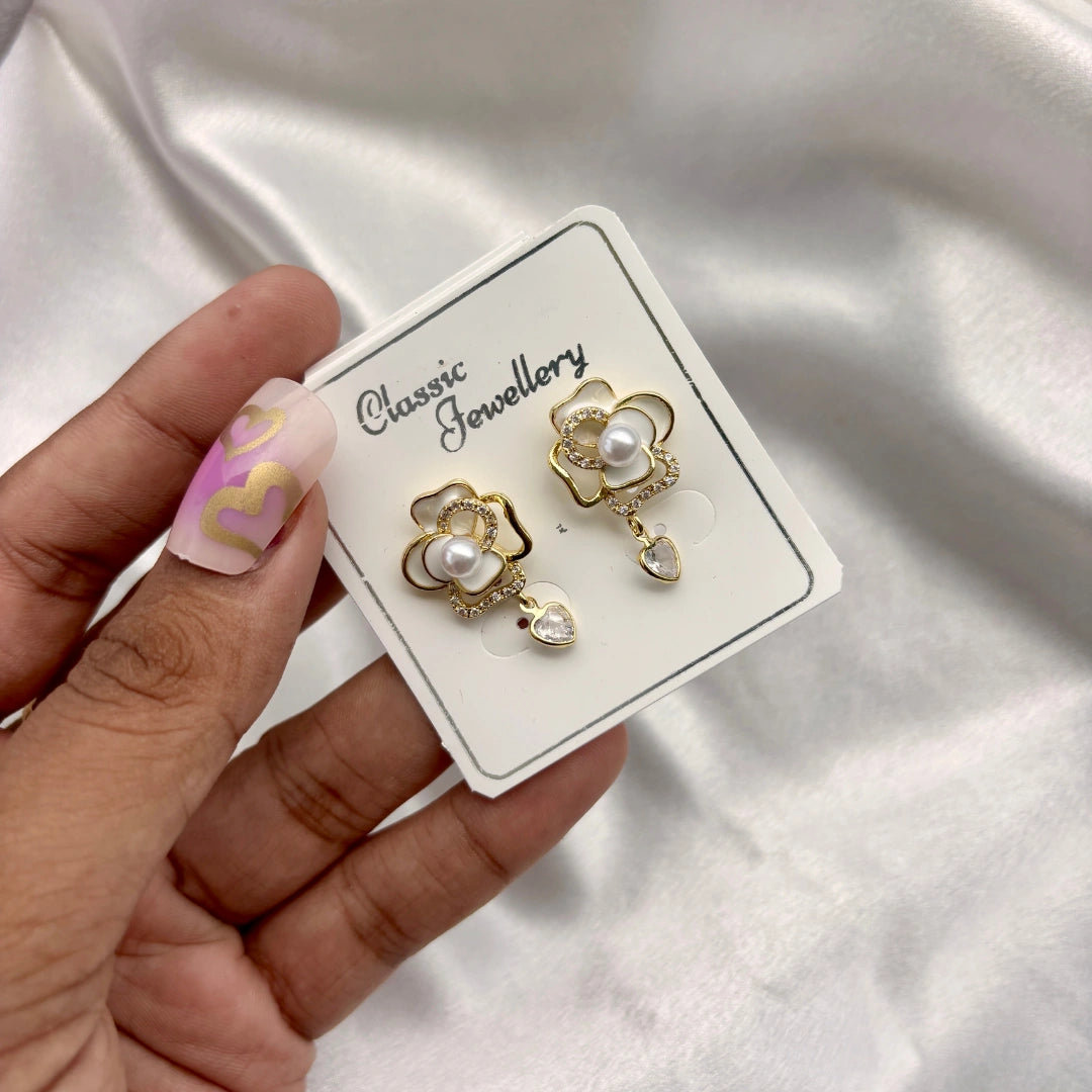 Pearl Blossom Heart Drop Earrings