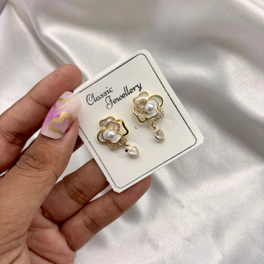 Pearl Blossom Heart Drop Earrings