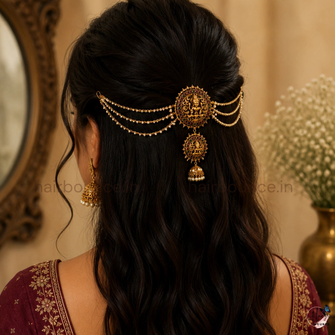 Premium Traditional Lakshmi Kemp Jada Billa with Pearl Earchain