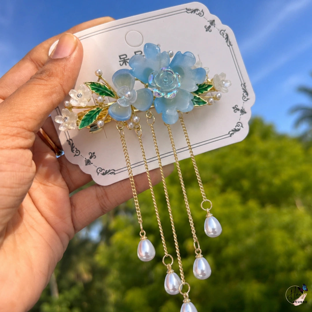 Crystal Rose & Blossom Pearl Tassel Hair Clip with Dangling Chains