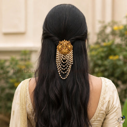 Mahalakshmi Pearl Jada Billa – Antique Gold Temple Hair Accessory for Bridal & Festive Wear