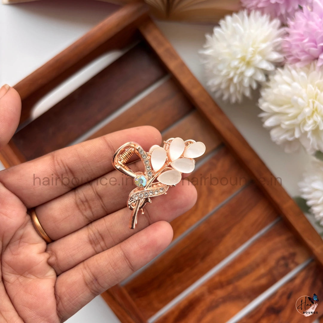 Rose Gold Premium Pearl Leaf Metal Hair Claw – Medium