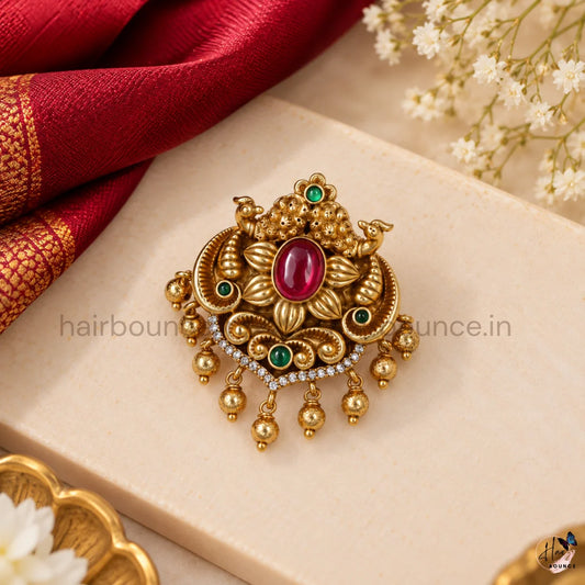 Premium Antique Peacock Kemp Hair Brooch with Ruby Stone & Gold Bead Hangings