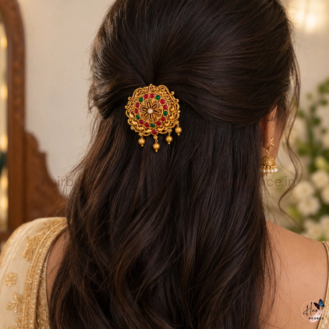 Royal Kemp Floral Antique Jada Billa with Gold Bead Hangings