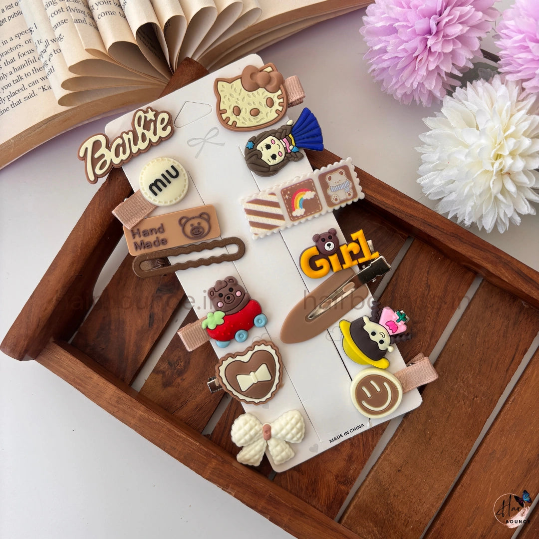 Cute Cartoon Hair Clip Set – 14 Piece Combo Card / Brown Mix