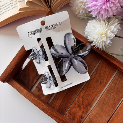 Glassy Flower Hair Claw – Set of 3 (1 Large + 2 Mini Claws)