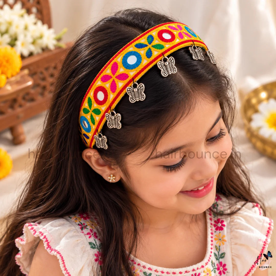 Navaratri Multicolour Embroidered Mirror Headband with Silver Charms