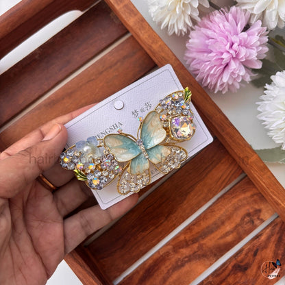 Enchanted Butterfly Crystal Hair Barrette – Pastel Rhinestone Designer Clip