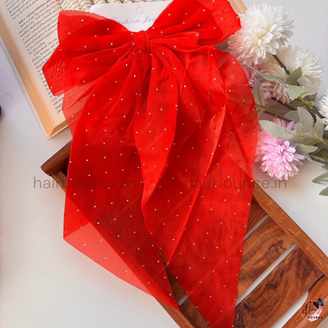 Elegant Rhinestone Sheer Bow Hair Clip – Oversized Statement Ribbon Bow