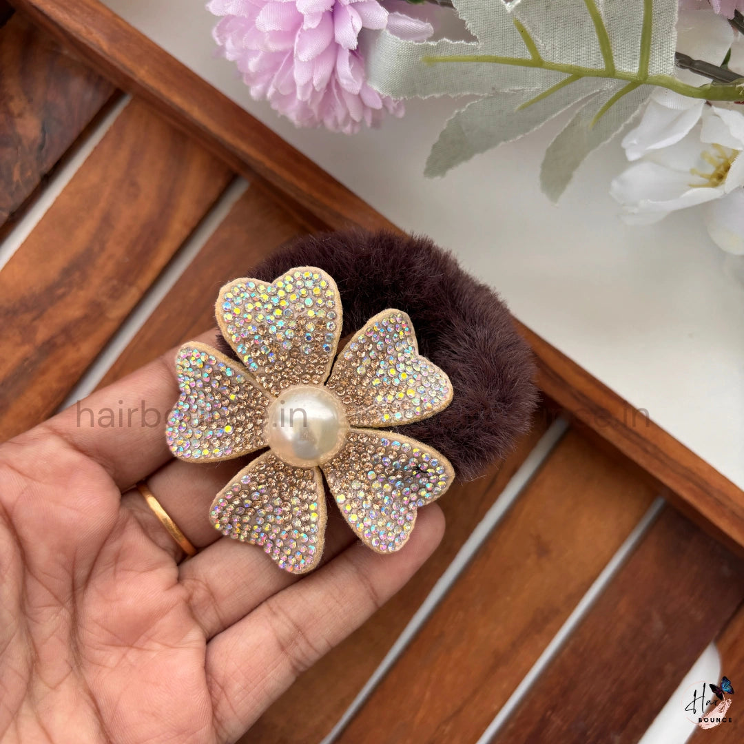 Luxe Pearl Blossom Faux Fur Scrunchie