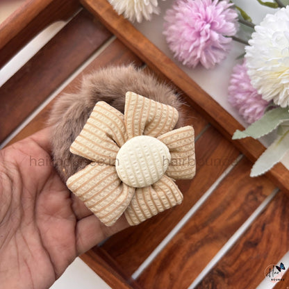 Fluffy Daisy Fur Scrunchie | Soft Plush Floral Hair Tie for Women & Girls