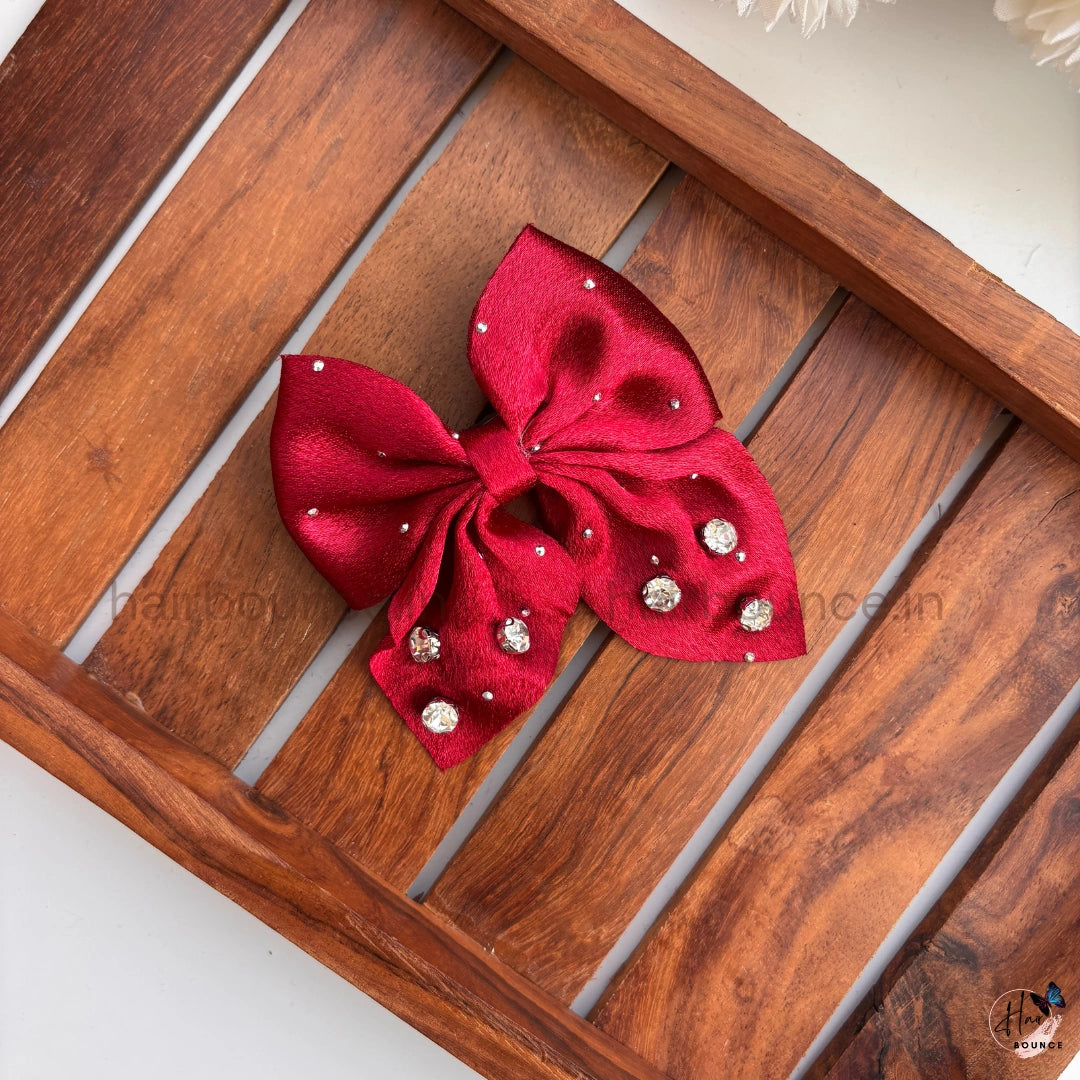 Crystal Embellished Satin Bow Hair Clip