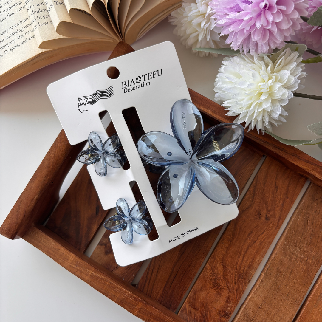 Glassy Flower Hair Claw – Set of 3 (1 Large + 2 Mini Claws)