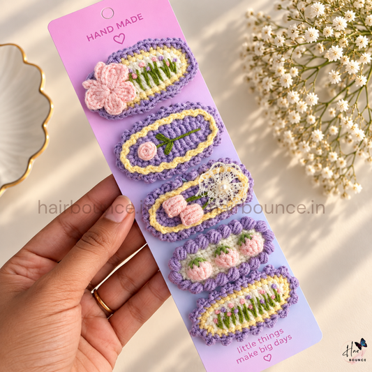 Lavender Premium Handmade Crochet Floral & Garden Hair Clips – Pack of 5