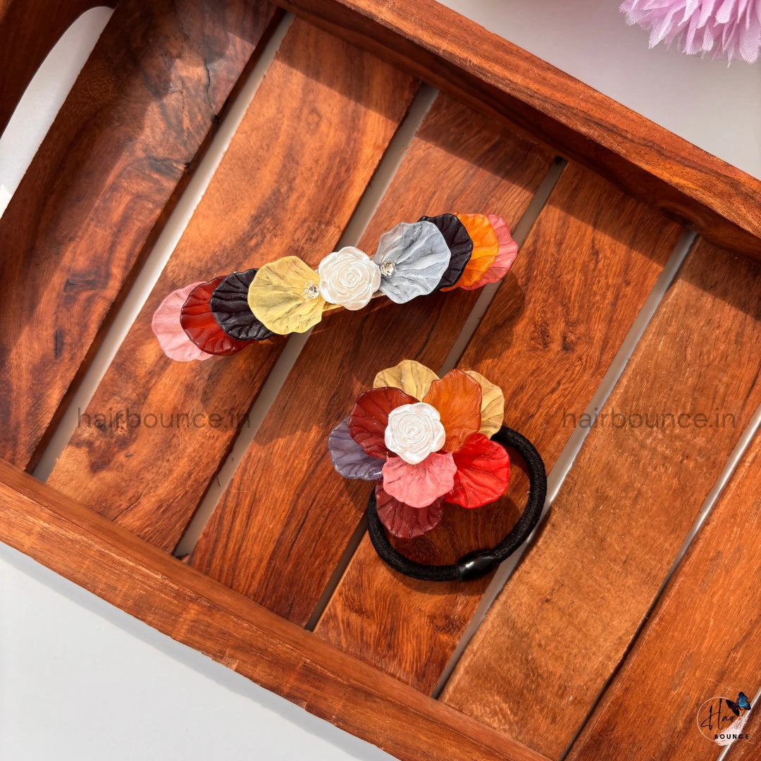 Multicolor Barrette Clip & Floral Hair Tie - Assorted Colours