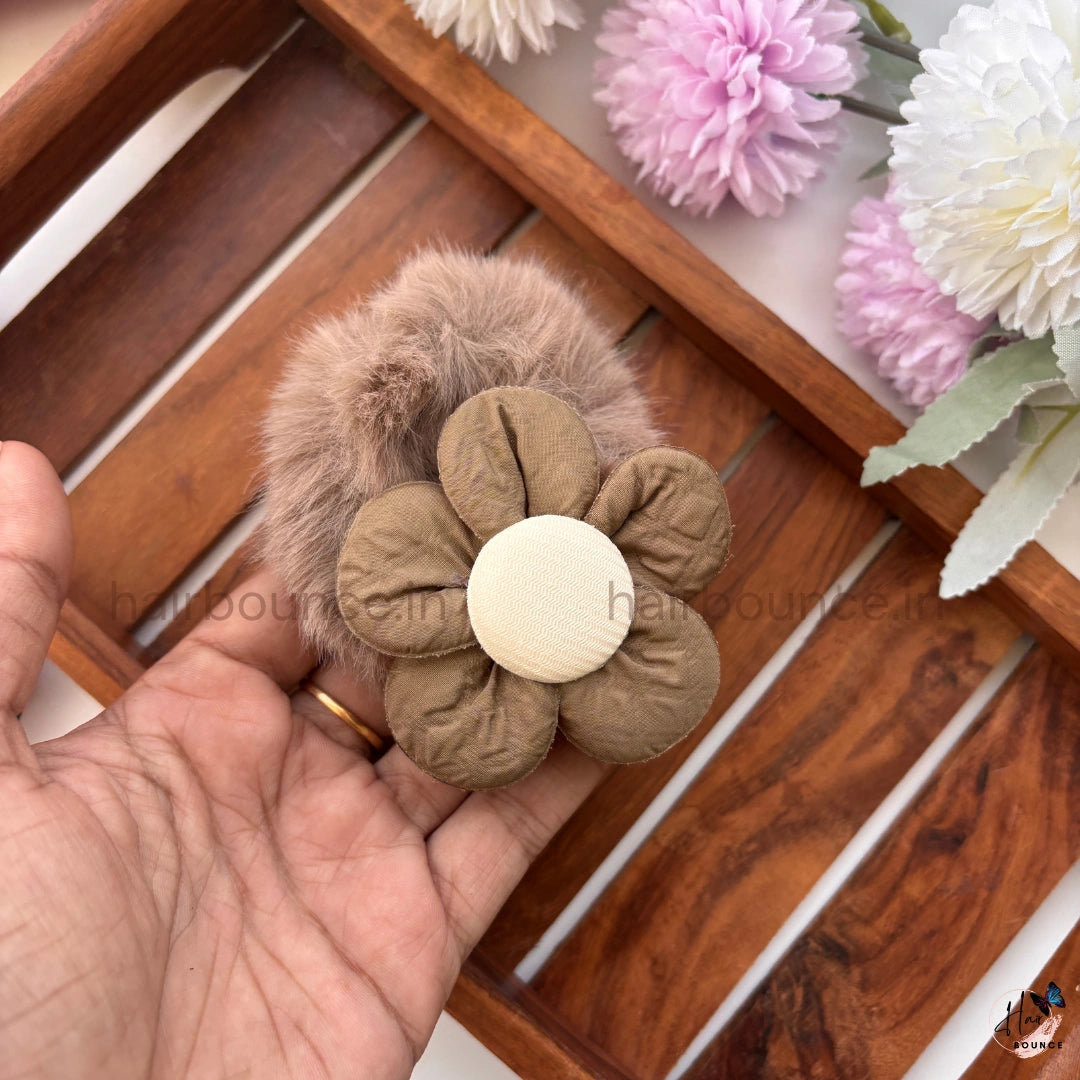 Blossom Fluff Fur Scrunchie | Soft Plush Floral Hair Scrunchie for Women & Girls