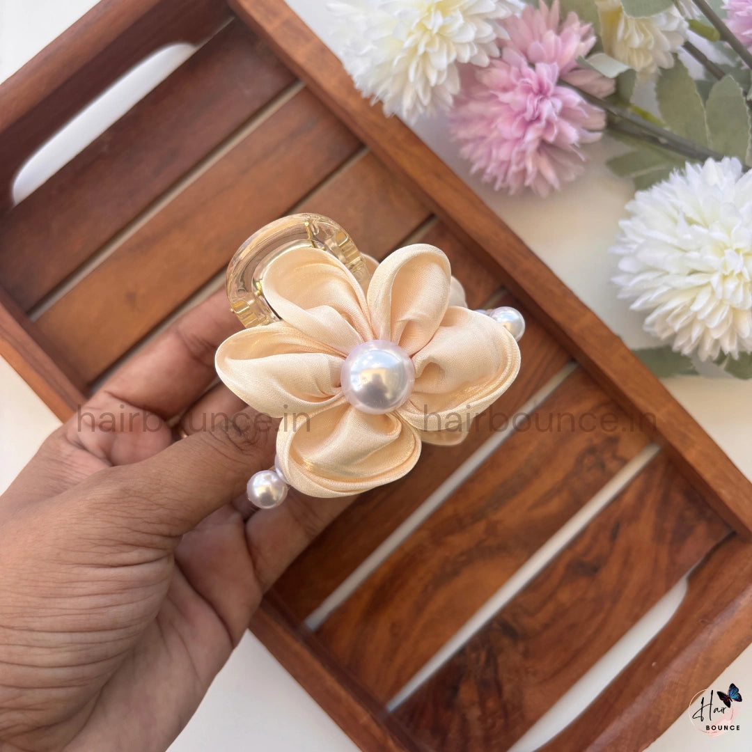 Pearl Bloom Satin Hair Claw – Large