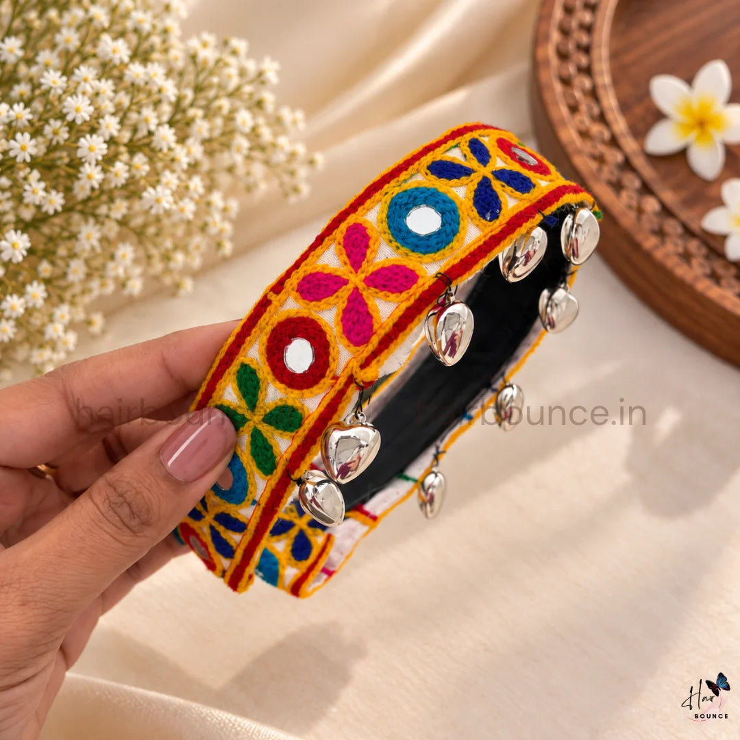 Navaratri Multicolour Embroidered Mirror Headband with Silver Charms