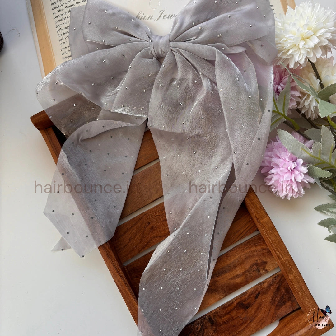 Elegant Rhinestone Sheer Bow Hair Clip – Oversized Statement Ribbon Bow