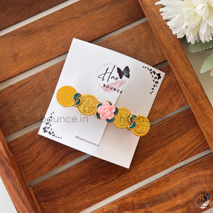 Temple Coin Floral Hair Clip with Pink Rose
