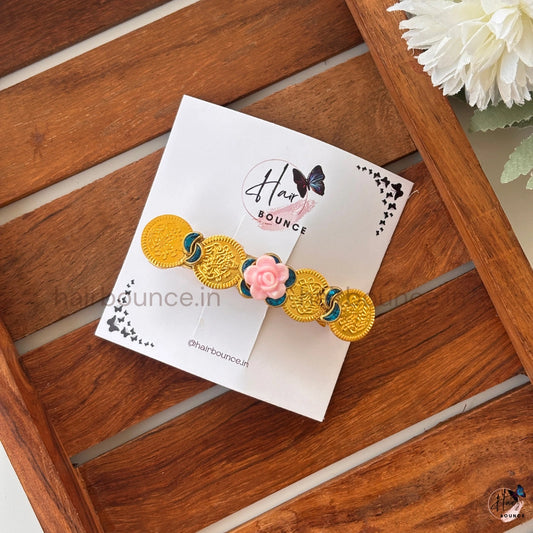 Temple Coin Floral Hair Clip with Pink Rose