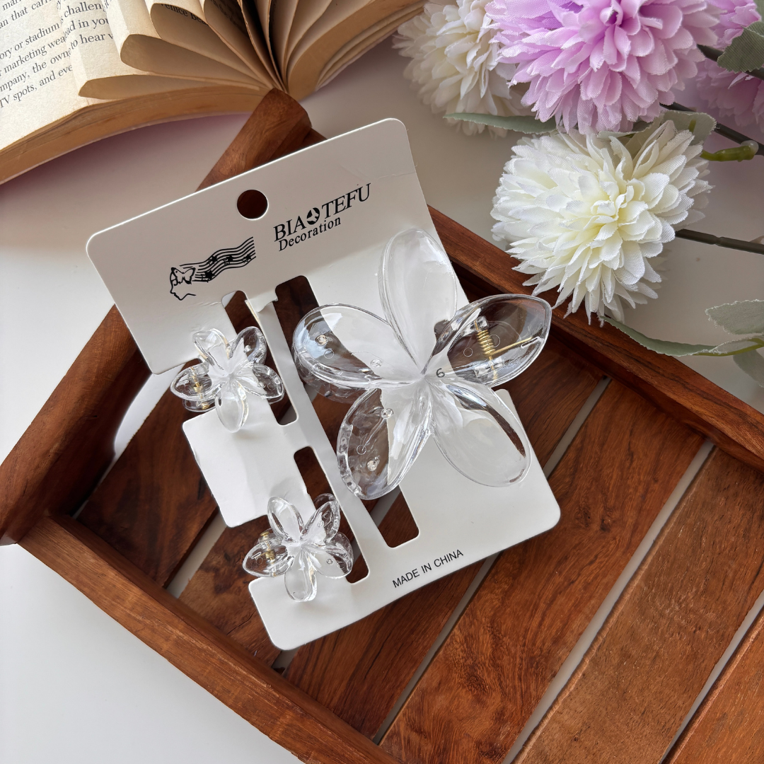 Glassy Flower Hair Claw – Set of 3 (1 Large + 2 Mini Claws)