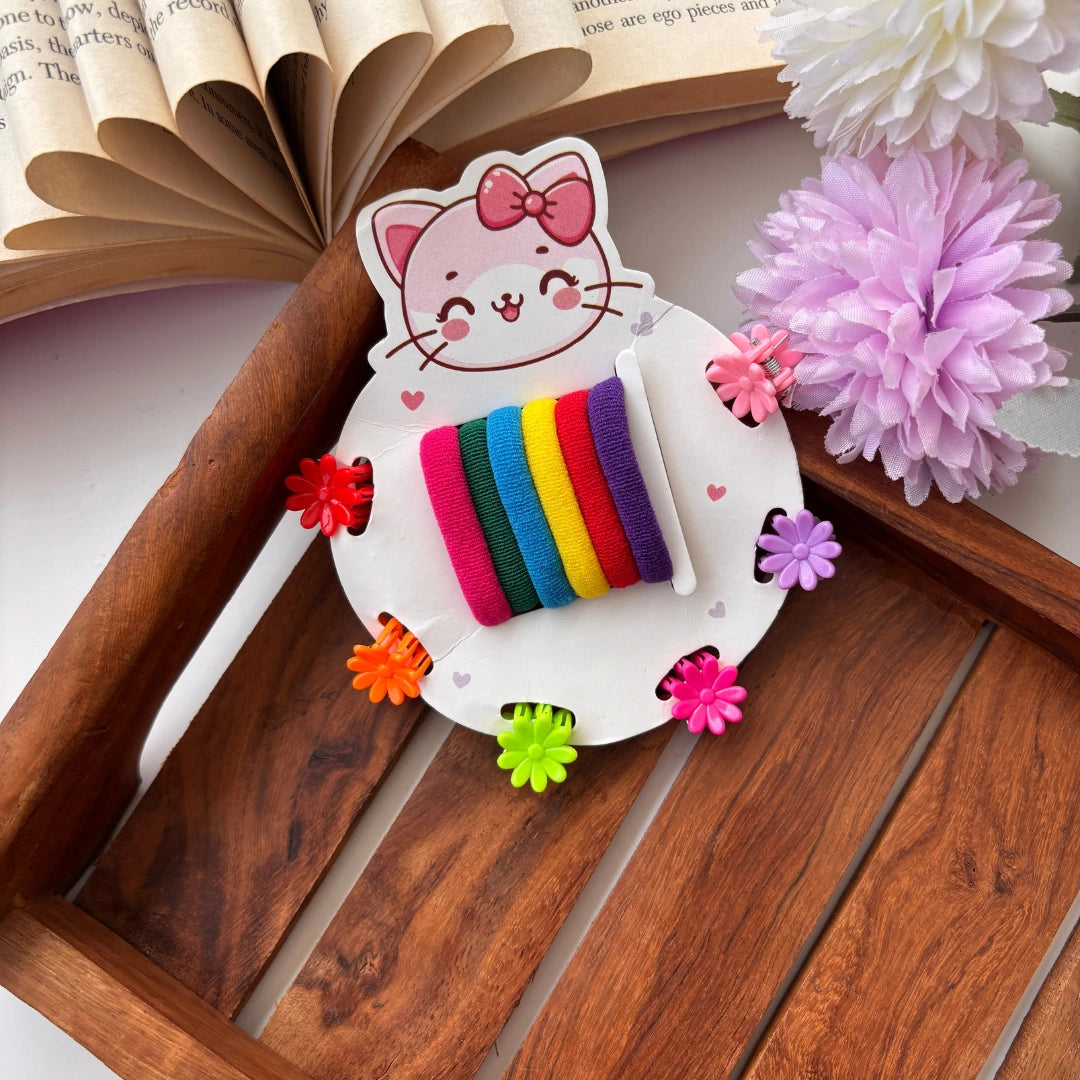 Cute Kids Hair Essentials Set – Rubber Bands + Mini Clips (Pack of 12) / Assorted Colours