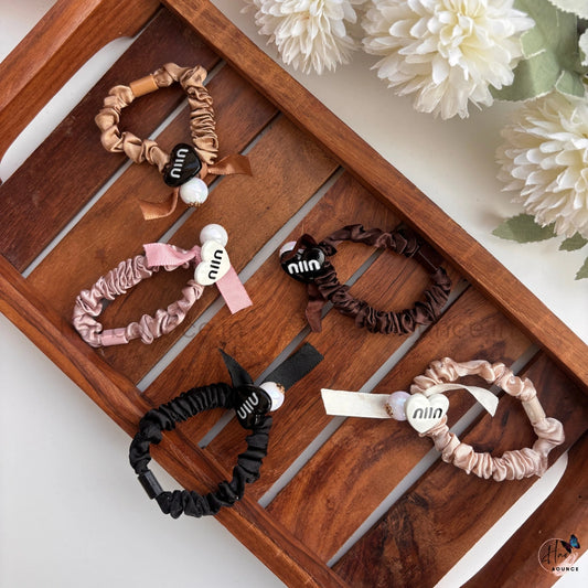 Mini Heart Charm Satin Scrunchie Hair Tie