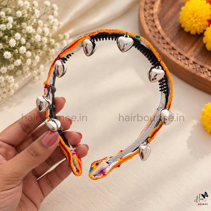 Navaratri Multicolour Embroidered Mirror Headband with Silver Charms