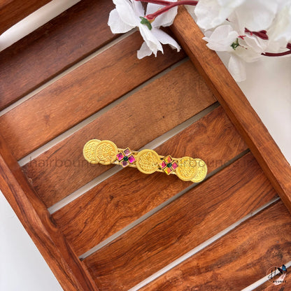 Lakshmi Coin Center Hair Clip - Multicolour Stones