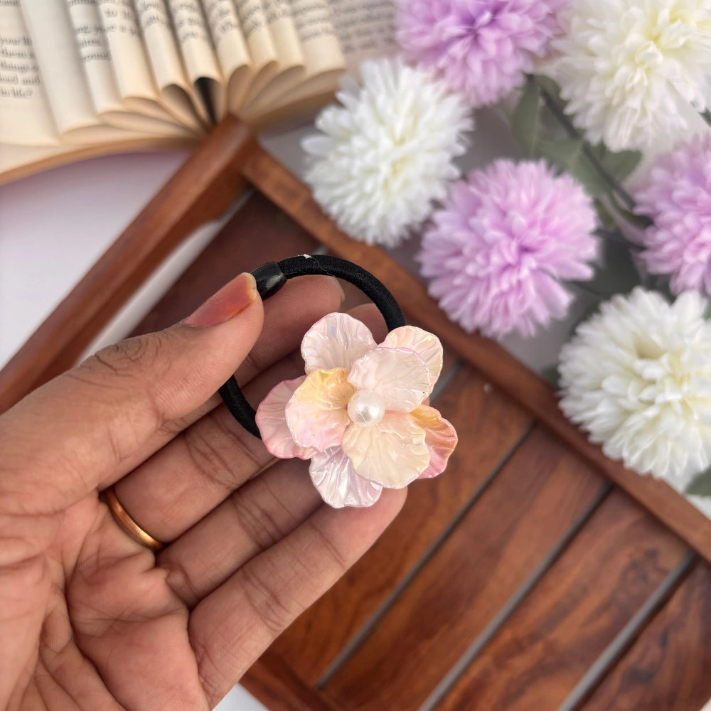 Pink White Shell Pearl Flower Hair Tie