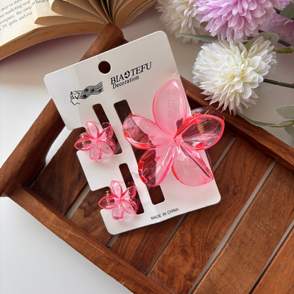 Glassy Flower Hair Claw – Set of 3 (1 Large + 2 Mini Claws)