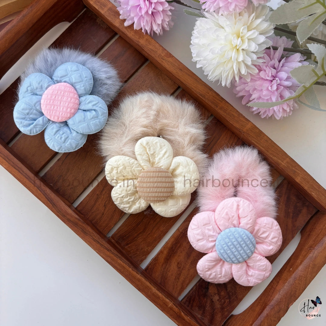 Blossom Fluff Fur Scrunchie | Soft Plush Floral Hair Scrunchie for Women & Girls