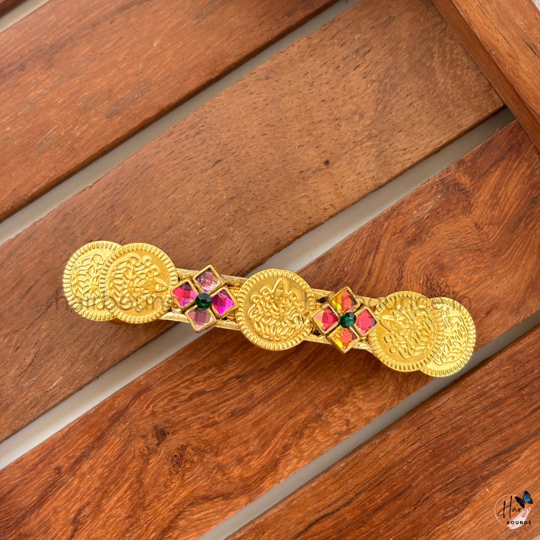 Lakshmi Coin Center Hair Clip - Multicolour Stones