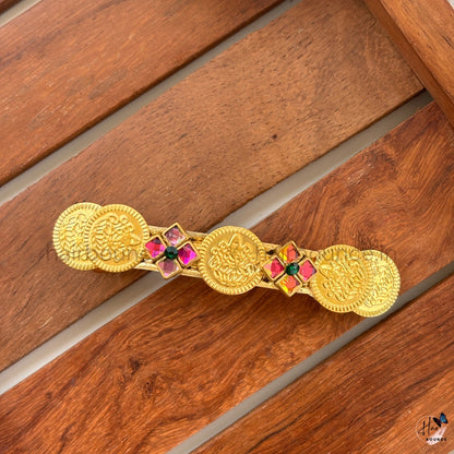 Lakshmi Coin Center Hair Clip - Multicolour Stones