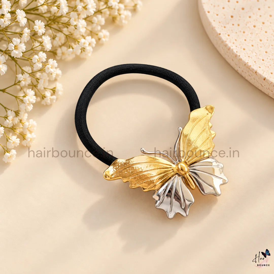 Elegant Dual Tone Butterfly Metal Ponytail Holder – Gold & Silver