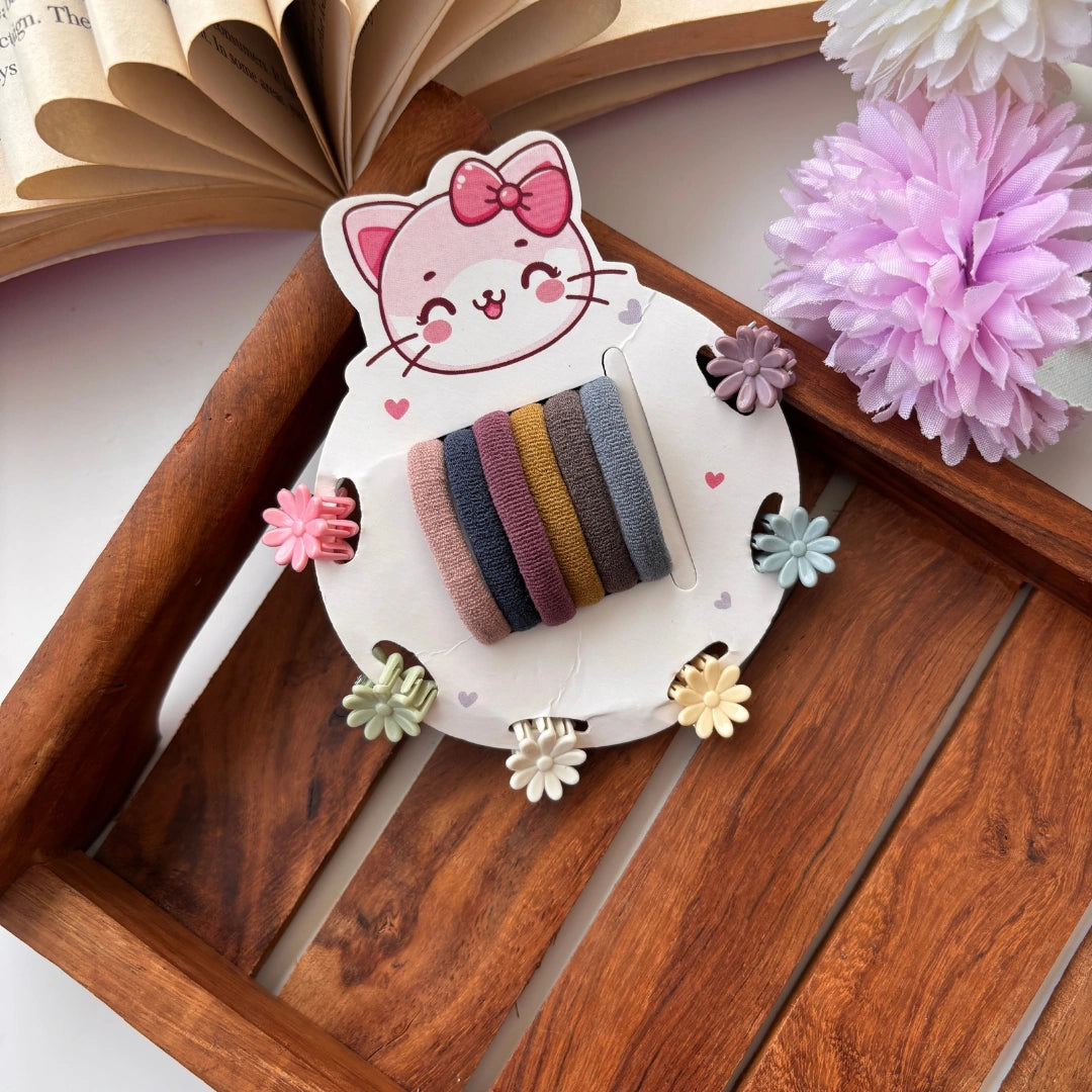 Cute Kids Hair Essentials Set – Rubber Bands + Mini Clips (Pack of 12) / Assorted Colours