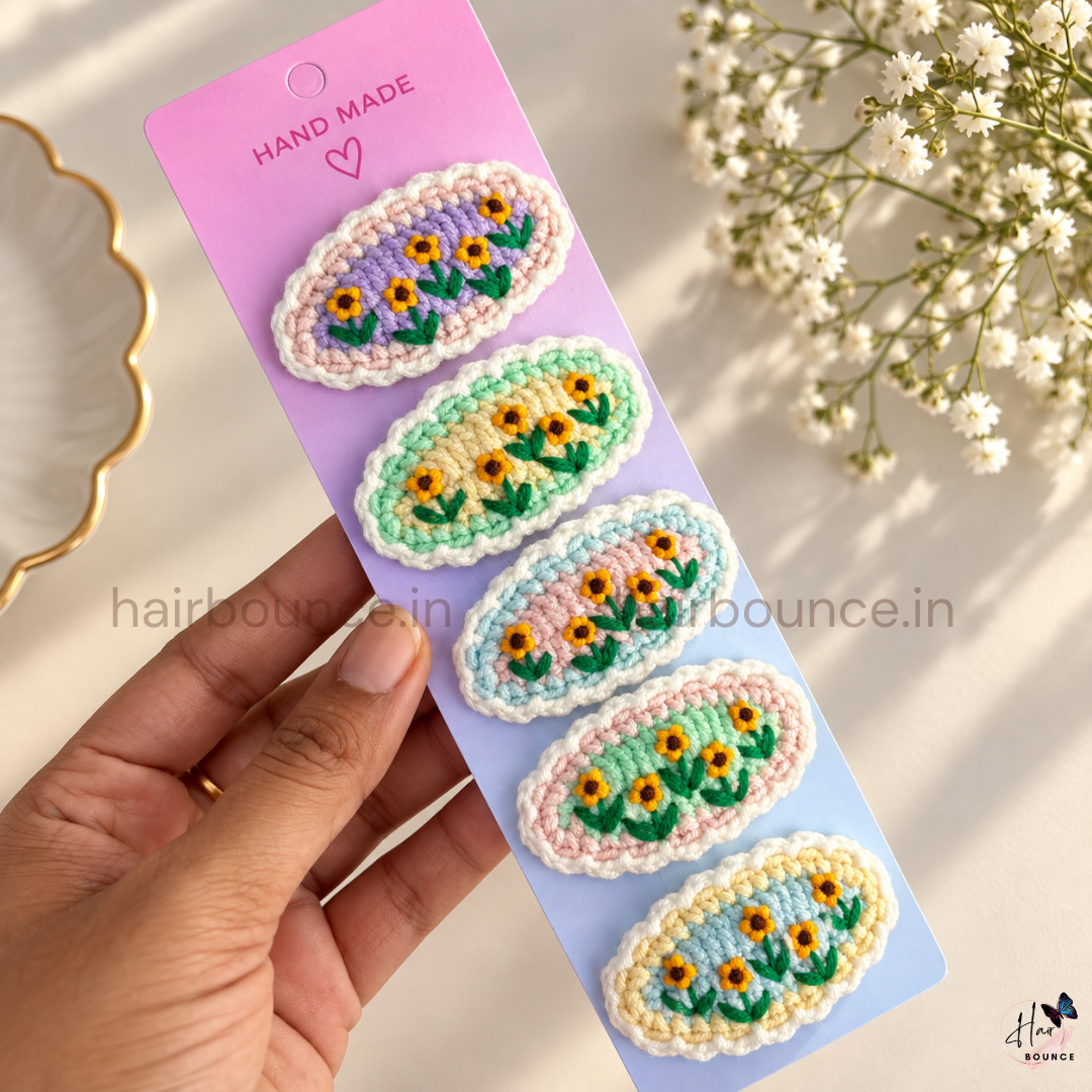 Pastel Daisy Garden Premium Handmade Crochet Hair Clips – Pack of 5