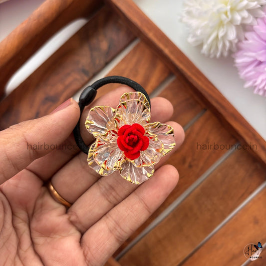 Scarlet Rose Crystal Flower Hair Tie
