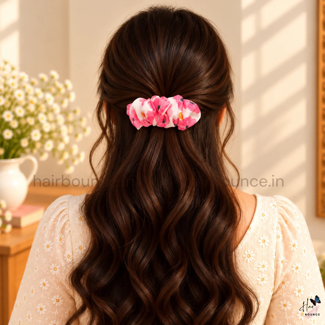 Pink Blossom Printed Satin Center Hair Clip