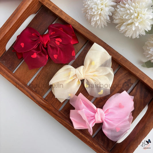 Heart Print Organza Bow Hair Clip