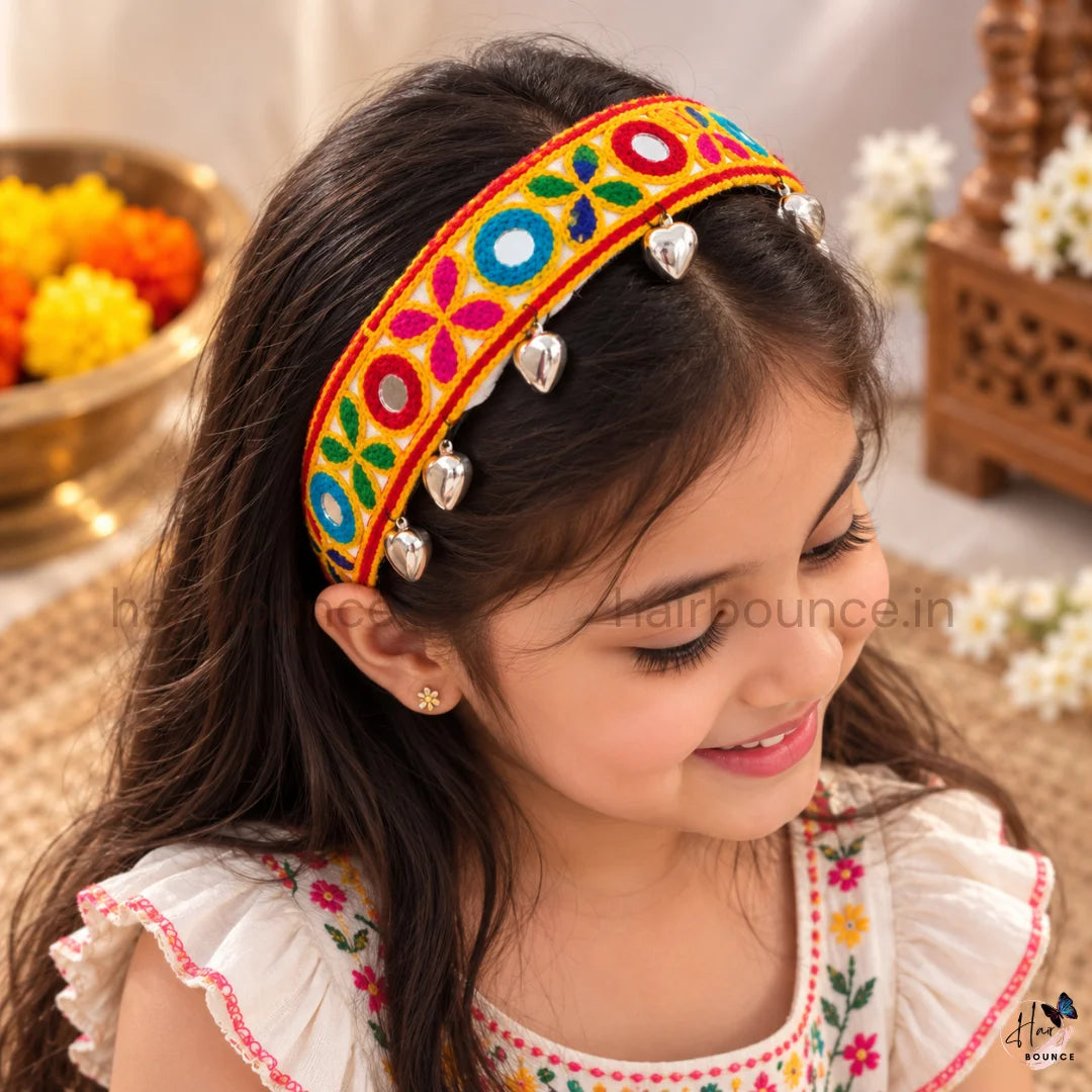 Navaratri Multicolour Embroidered Mirror Headband with Silver Charms
