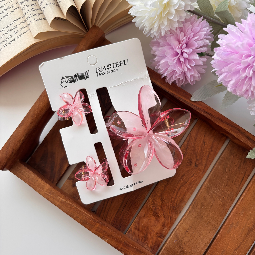 Glassy Flower Hair Claw – Set of 3 (1 Large + 2 Mini Claws)