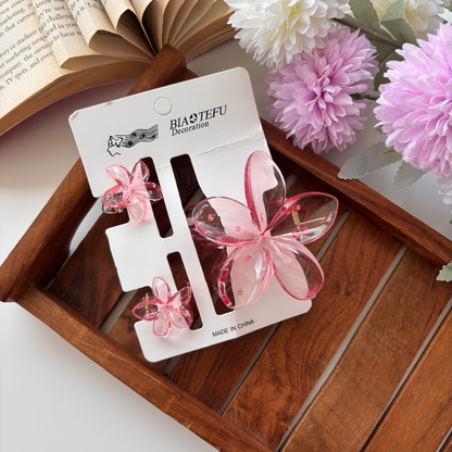 Glassy Flower Hair Claw – Set of 3 (1 Large + 2 Mini Claws)