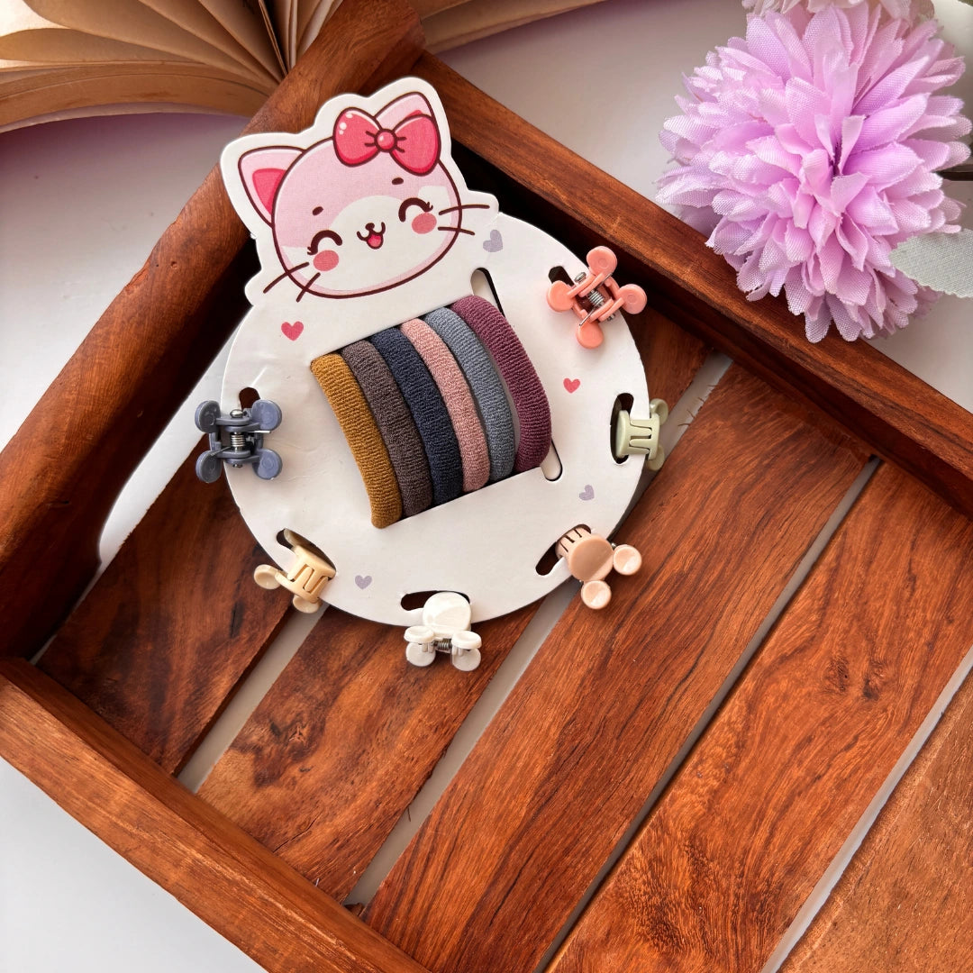 Cute Kids Hair Essentials Set – Rubber Bands + Mini Clips (Pack of 12) / Assorted Colours